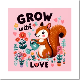 Garden Heartbeat: "Grow with Love" Lively Squirrel Illustration Posters and Art